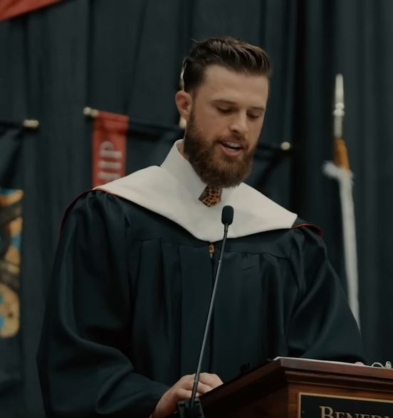 “Once again we are thrown back to the 1950s,” an NFL player said in response to criticism following his contentious graduating speech at a small Catholic institution.