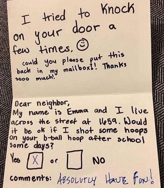 Neighbor Has Perfect Response To Little Girl’s Adorable Note Asking If She Can Use Their Basketball Hoop.